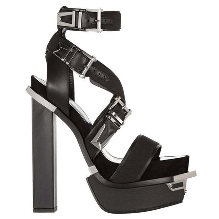 *clipped by @luci-her* VERSACE Black Leather Canvas Platform Sandals For Sale at 1stDibs