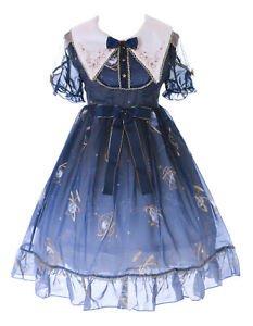 JSK-65 Blue Stars Astronomy Embroidered Bow Dress Pastel Goth Lolita Cosplay