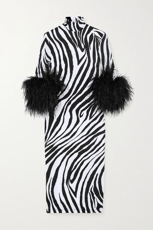 Black Feather-trimmed zebra-print stretch-satin dress | Halpern | NET-A-PORTER