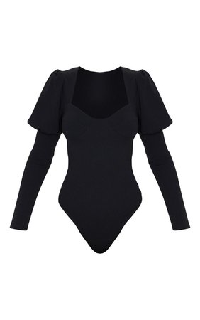 Black Crepe Puff Sleeve Square Neck Bodysuit | PrettyLittleThing USA