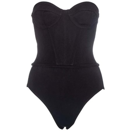 *clipped by @luci-her* Azzedine Alaia black rayon spandex corset bodysuit