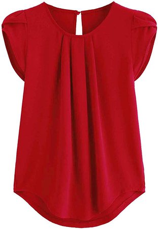 Milumia Women's Casual Round Neck Basic Pleated Top Cap Sleeve Curved Keyhole Back Blouse at Amazon Women’s Clothing store