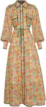 Spring Women Bohemian Dress Vintage Elegant Party Dress Print Button Loose Shirt Long Dress at Amazon Women’s Clothing store