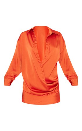 Rust Cowl Draped Satin Shirt Dress | PrettyLittleThing USA