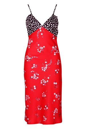 Satin Mixed Floral Bias Cut Midi Dress | Boohoo red