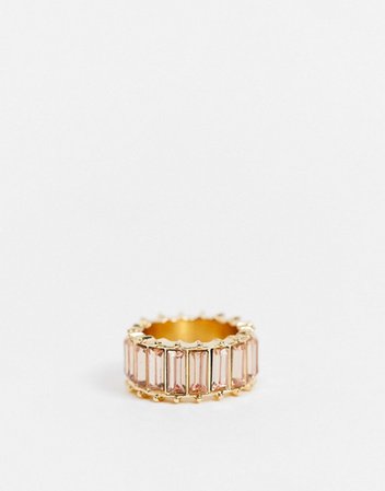 ASOS DESIGN ring with pink baguette stones in gold tone | ASOS