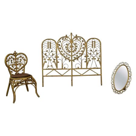 Hollywood Regency Bohemian Bedroom Trio Gold Wicker Headboard Chair and Mirror For Sale at 1stDibs