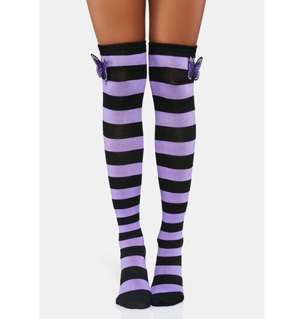 Striped Knee High Socks With Butterflies - Purple/Black | Dolls Kill
