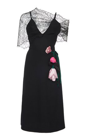 One-Shoulder Lace V-Neck Floral Appliqué Midi Dress by Prada | Moda Operandi