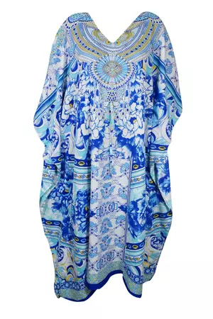 Womens Maxi Kaftan Dress, Bohemian Blue Jewel Print Kimono Caftan Dres