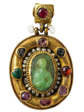 Eastern Roman Gold pendant with 11th century AD cameo from Constantinople. The cameo shows St. George victorious. It has pearls, precious stones and glass. It