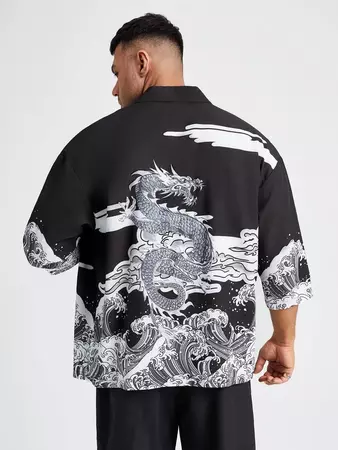 Extended Sizes Men Wave & Chinese Dragon Graphic Shirt Without Tee | SHEIN USA