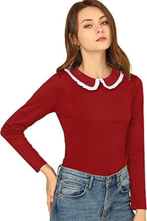 Allegra K Women's Peter Pan Collar Blouse Basic Knit T-Shirt Long Sleeve Shirt at Amazon Women’s Clothing store