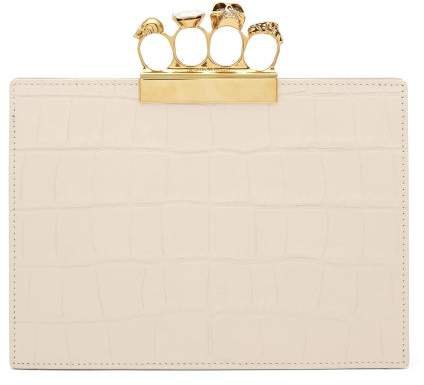 Knuckle Crocodile Effect Leather Clutch - Womens - White