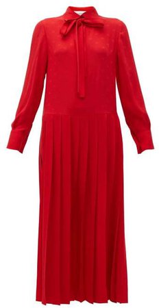Logo Print Tie Neck Pleated Silk Dress - Womens - Red