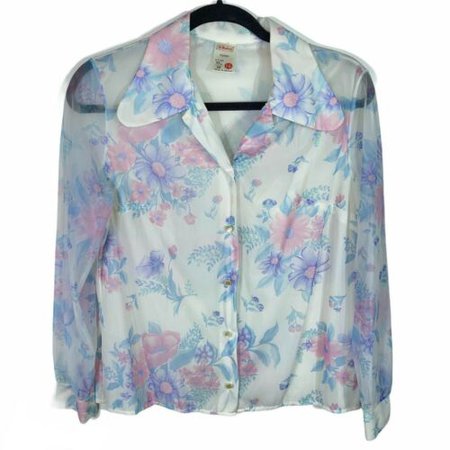 Vintage Blue Pink Floral Blouse Button Down Wide Collar Granny Chic | eBay