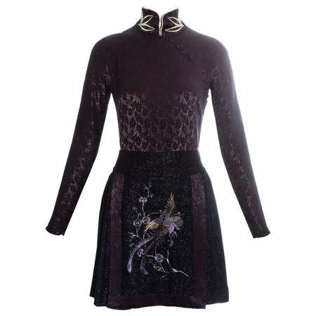 Christian Dior plum jacquard satin embroidered mini dress, fw 1997 For Sale at 1stDibs