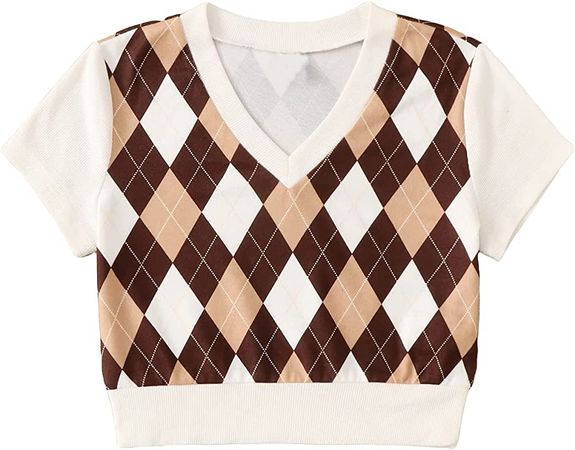 Verdusa Women's Casual Argyle Print Short Sleeve V Neck Crop Tee Shirt Top Brown and Apricot XS at Amazon Women’s Clothing store