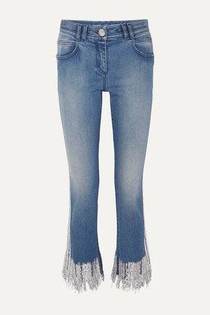 Fringed Embellished Mid-rise Straight-leg Jeans - Blue