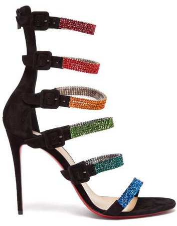 Raynibo Crystal Embellished Suede Stiletto Sandals - Womens - Black Multi