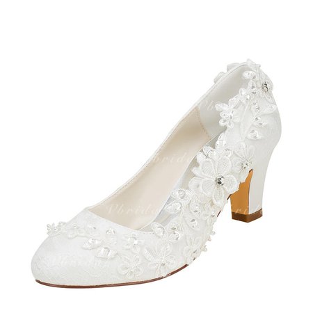Women's Pumps Chunky Heel Silk Like Satin With Stitching Lace Flower Crystal Pearl Wedding Shoes (047128165) - Vbridal