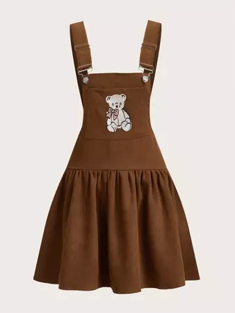Bear Embroidery Corduroy Overall Dress| ROMWE USA