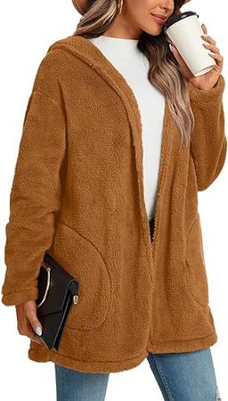 LONGYUAN Women's Fleece Jacket Fuzzy Hooded Winter Casual Coats 2024 Cardigan Sweaters with Pokets at Amazon Women's Coats Shop