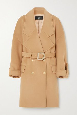 Neutral Button-embellished double-breasted wool and cashmere-blend coat | Balmain | NET-A-PORTER
