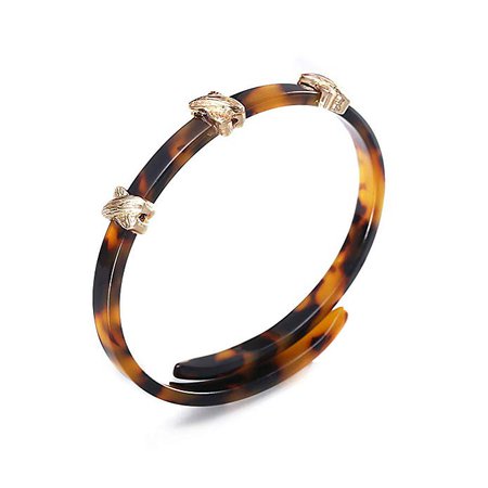 Acrylic Bangle Bracelet, Tortoise Shell Flexible Adjustable Bracelet with Gold Charm