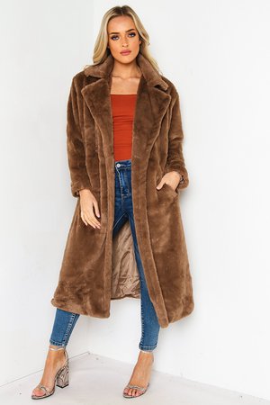 Brown Faux Fur Longline Coat | LASULA