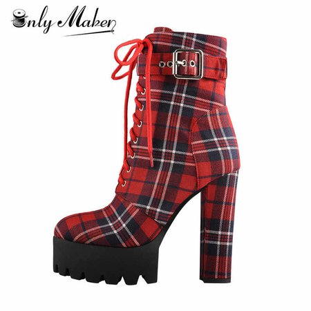 Onlymaker Women's Platform Ankle Boots Buckle Strap Chunky Heel Red Plaid Lace Up Side Zipper Round Toe Booties For Winter| | - AliExpress