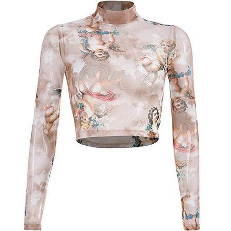 Amazon.com: Women Turtleneck Long Sleeve Angel Print Short Navel Top Crop T-Shirt (Coffee, L): Gateway