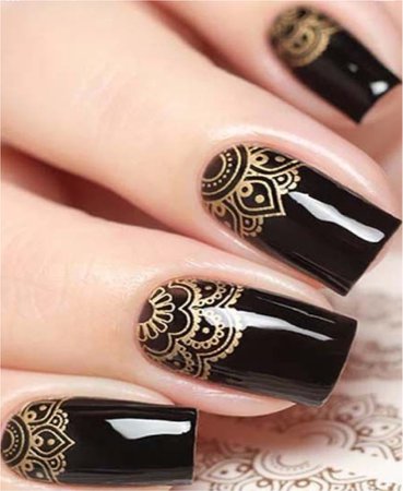 black and gold mandala nail stamping