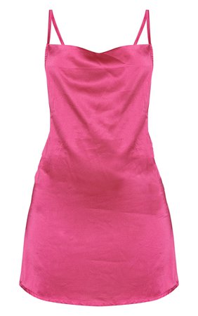 Hot Pink Satin Slip Cowl Neck Shift Dress | PrettyLittleThing USA