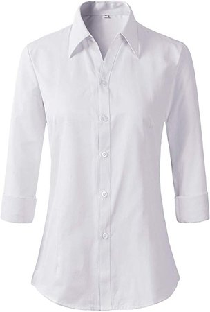 Beninos Long Sleeve Stretchy V Neck Office Formal Casual Button Down Shirt Blouse for Women (686 White, XS) at Amazon Women’s Clothing store