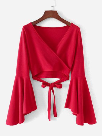 Bell Sleeve Knotted Hem Surplice Blouse