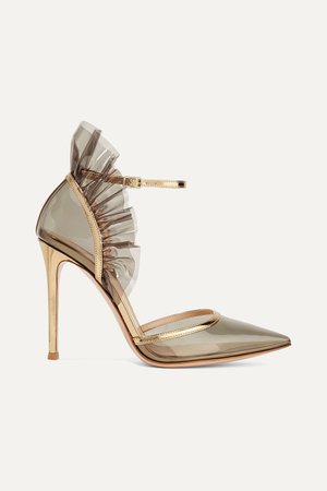 Gray 105 metallic leather-trimmed ruffled PVC pumps | Gianvito Rossi | NET-A-PORTER