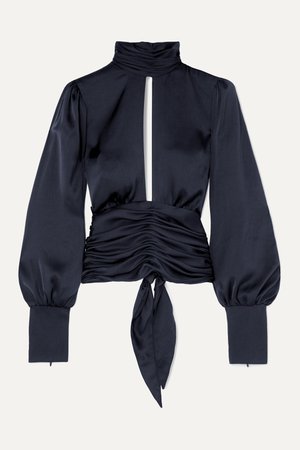 Navy Night Out open-back ruched satin blouse | Orseund Iris | NET-A-PORTER