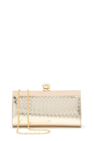 Metallic Quilted Faux Pearl Clutch, GOLD, hi-res