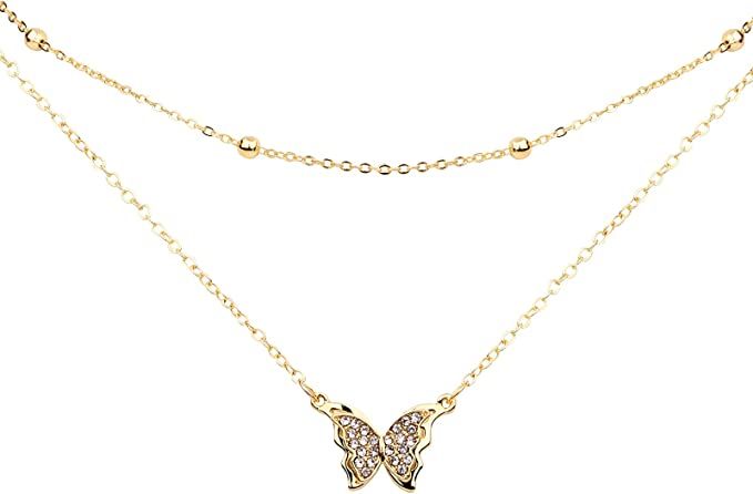 Amazon.com: Butterfly Pendant Necklace for Cute Girls, 14k Gold Plated Handmade Hollow Layered Necklace for Women Birthday (Gold) : Clothing, Shoes & Jewelry