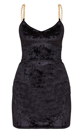 Black Velvet Chain Strap Detail Bodycon Dress | PrettyLittleThing