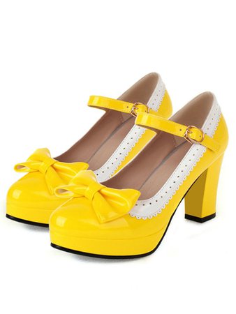 Bowknot Chunky Heels Mary Jane Shoes Yellow