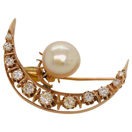 Pearl and Rose Cut Diamond Crescent Moon Brooch Victorian Circa 1885 For Sale at 1stDibs