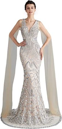Amazon.com: Ikerenwedding Women's V-Neck Sequins Mermaid Evening Dress with Sheer Sleeves Silver US16 : Clothing, Shoes & Jewelry