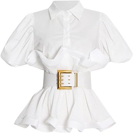 Inzegao Women Puff Sleeve Peplum Top with Elastic Belt Short Sleeve Slim Fit Blouse Tops for Work Party at Amazon Women’s Clothing store