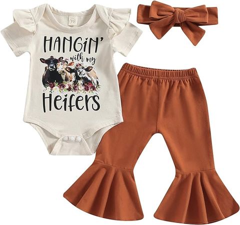 Amazon.com: Durveency Western Baby Girl Clothes Cow Print Ruffle Short Sleeve Romper Bodysuit Solid Bell Bottom Pant Set Summer Outfit: Clothing, Shoes & Jewelry