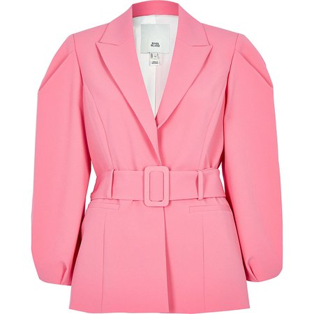 Pink belted bell puff sleeve blazer | River Island