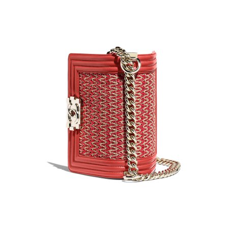 Cotton, Lambskin & Gold-Tone Metal Red & Beige Small BOY CHANEL Handbag | CHANEL