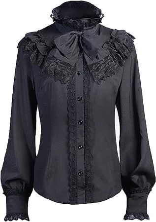 stmoitz Womens Victorian Renaissance Pirate Shirts Medieval Long Sleeve Stand Collar Blouse Lotus Ruffled Corset Top at Amazon Women’s Clothing store