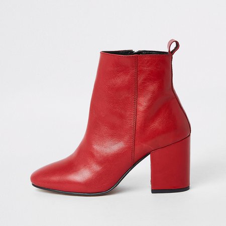 Red leather block heel ankle boots | River Island